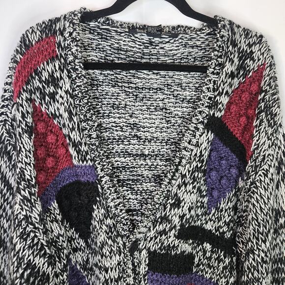 Vtg Handmade 80s Black & Gray Chunky Abstract Cardigan Sweater Women's Large - Picture 2 of 9